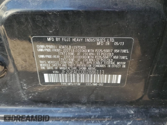 2013 Subaru Crosstrek Premium with VIN JF2GPACC0D2886113, listed as a Copart auction lot 52785875 with Not provided miles and Salvage title. Bid and sale history available at DreamBid. Image 13.