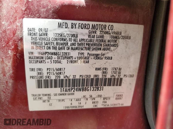 2008 Ford Taurus SEL with VIN 1FAHP24W88G132831, listed as a Copart auction lot 55637404 with 140,369 mi miles and Salvage Title. Bid and sale history available at carsss.com. Image 12.