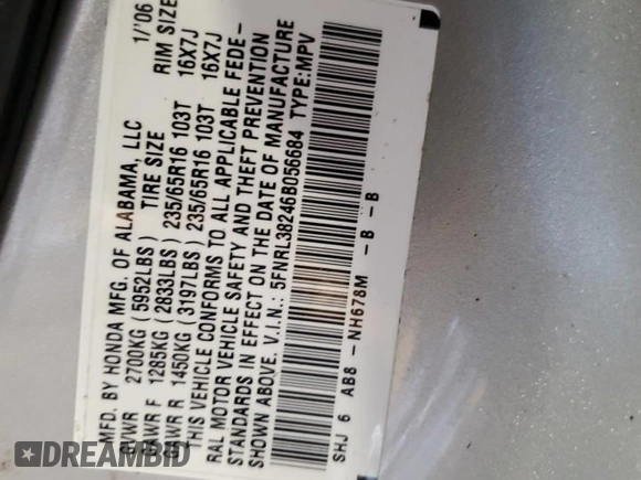 2006 Honda Odyssey LX z VIN 5FNRL38246B056684, wystawiony jako Copart lot #58917745 z przebiegiem 167 067 mil mil oraz Szkoda całkowita • Salvage title. Historia ofert i sprzedaży dostępna na DreamBid. Obrazek 13.