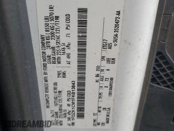 2015 Ford Transit XL с VIN 1FDZK1CM1FKB13843, выставлен на аукционе Copart как лот 58156245 с пробегом 45 281 миль миль и Списание • Salvage title. История ставок и продаж доступна на DreamBid. Изображение 10.