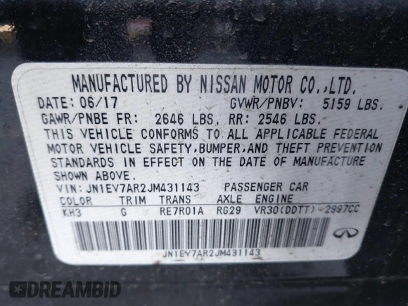 2018 Infiniti Q50 3.0t SPORT with VIN JN1EV7AR2JM431143, listed as a IAAI auction lot 41462063 with Not Provided miles. Bid and sale history available at carsss.com. Image 8.