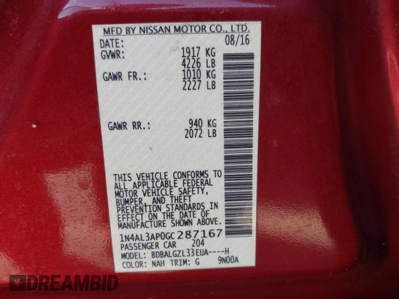 2016 Nissan Altima SR with VIN 1N4AL3AP0GC287167, listed as a IAAI auction lot 41857320 with 135,618 mi miles and . Bid and sale history available at carsss.com. Image 9.