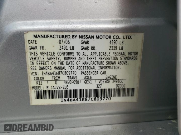 2007 Nissan Maxima SE with VIN 1N4BA41E87C809770, listed as a Copart auction lot 51234415 with 171,885 mi miles and Salvage title. Bid and sale history available at DreamBid. Image 14.