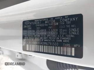 2022 Hyundai Kona Limited with VIN KM8K5CA39NU791533, listed as a IAAI auction lot 41738274 with 50,379 mi miles. Bid and sale history available at carsss.com. Image 9.