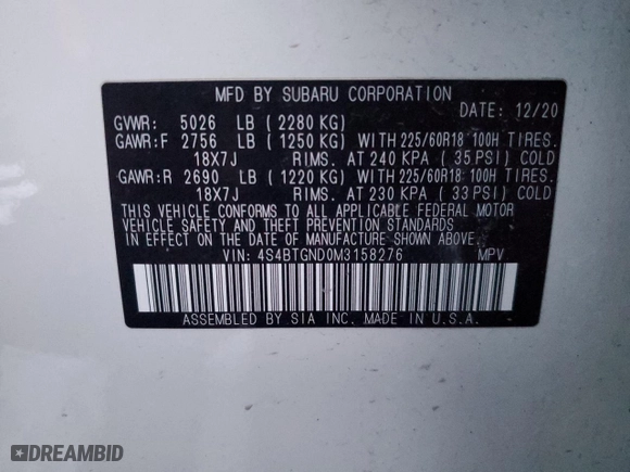 2021 Subaru Outback Limited XT with VIN 4S4BTGND0M3158276, listed as a Copart auction lot 86332684 with 0 mi miles and Non Repairable. Bid and sale history available at carsss.com. Image 13.