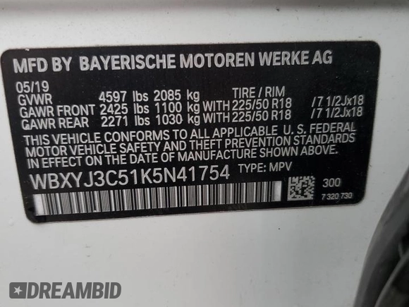 2019 BMW X2 sDrive28i with VIN WBXYJ3C51K5N41754, listed as a Copart auction lot 47112285 with 96,951 mi miles and Non repairable. Bid and sale history available at DreamBid. Image 14.