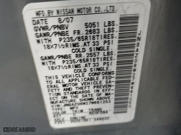 2007 Nissan Murano SL with VIN JN8AZ08W27W661253, listed as a Copart auction lot 45942845 with 135,524 mi miles and Salvage Title. Bid and sale history available at carsss.com. Image 15.
