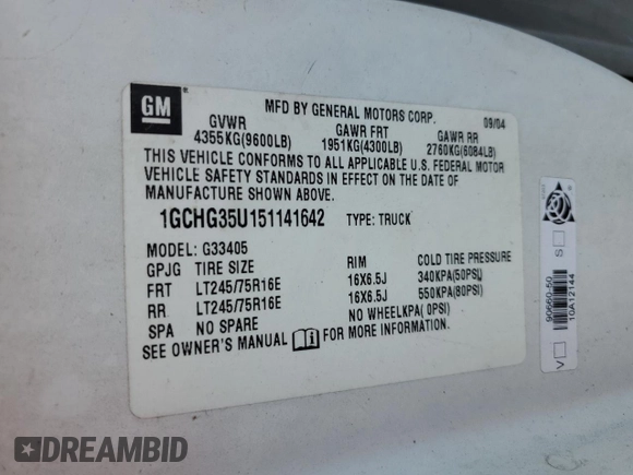 2005 Chevrolet Express Cargo z VIN 1GCHG35U151141642, wystawiony jako Copart lot #69855924 z przebiegiem 159 663 mil mil oraz Szkoda całkowita • Salvage title. Historia ofert i sprzedaży dostępna na DreamBid. Obrazek 10.