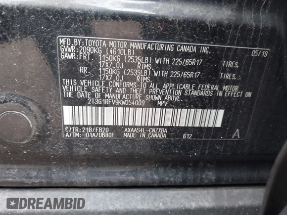 2019 Toyota RAV4 LE with VIN 2T3G1RFV9KW054009, listed as a IAAI auction lot 41878271 with 78,551 mi miles and . Bid and sale history available at DreamBid. Image 9.