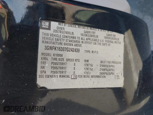 2007 Chevrolet Suburban LTZ with VIN 3GNFK16307G242439, listed as a IAAI auction lot 41860044 with 96,390 mi miles and . Bid and sale history available at DreamBid. Image 9.