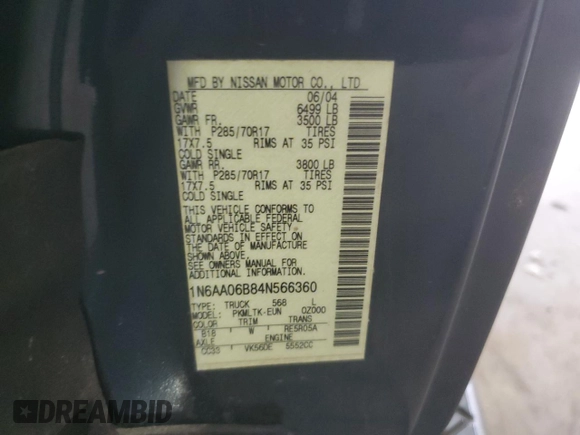 2004 Nissan Titan SE with VIN 1N6AA06B84N566360, listed as a Copart auction lot 57933105 with 133,066 mi miles and Salvage title. Bid and sale history available at DreamBid. Image 12.