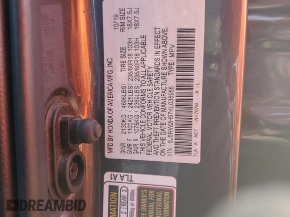 2019 Honda CR-V EX with VIN 5J6RW2H57KL035955, listed as a Copart auction lot 48019615 with 42,107 mi miles and Salvage Title. Bid and sale history available at DreamBid. Image 14.