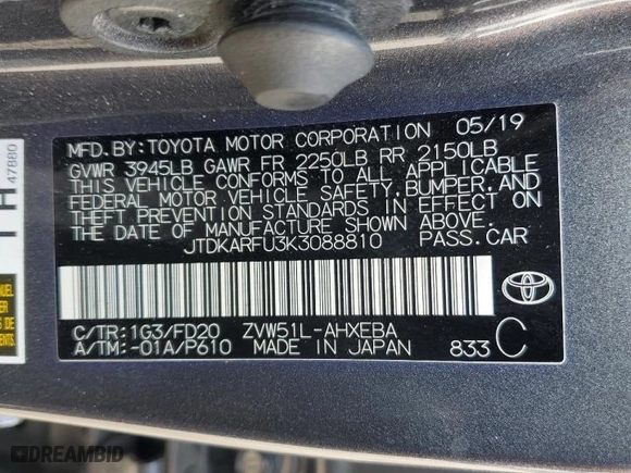 2019 Toyota Prius L Eco with VIN JTDKARFU3K3088810, listed as a Copart auction lot 51188385 with 82,825 mi miles and Salvage Title. Bid and sale history available at carsss.com. Image 14.