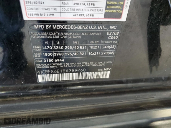 2008 Mercedes-Benz GL-Class 5.5L with VIN 4JGBF86E18A389760, listed as a Copart auction lot 73289754 with 165,629 mi miles and Clean Title. Bid and sale history available at carsss.com. Image 13.