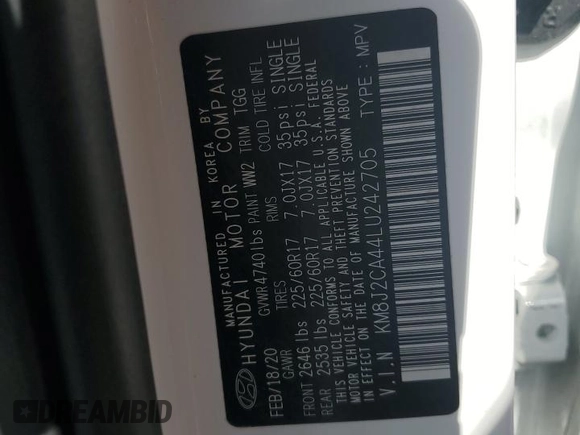 2020 Hyundai Tucson SE z VIN KM8J2CA44LU242705, wystawiony jako Copart lot #54495465 z przebiegiem 54 892 mil mil oraz Szkoda całkowita • Salvage title. Historia ofert i sprzedaży dostępna na DreamBid. Obrazek 12.