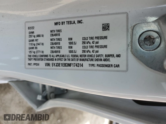 2022 Tesla Model 3 Long Range z VIN 5YJ3E1EB3NF174314, wystawiony jako Copart lot #52713325 z przebiegiem 27 646 mil mil oraz Szkoda całkowita • Salvage title. Historia ofert i sprzedaży dostępna na DreamBid. Obrazek 15.
