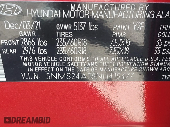 2022 Hyundai Santa Fe SEL with VIN 5NMS24AJ8NH415477, listed as a IAAI auction lot 41877486 with 20,553 mi miles and . Bid and sale history available at DreamBid. Image 9.