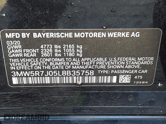 2020 BMW 3 Series 330i xDrive with VIN 3MW5R7J05L8B35758, listed as a IAAI auction lot 41680239 with 1 mi miles. Bid and sale history available at carsss.com. Image 9.