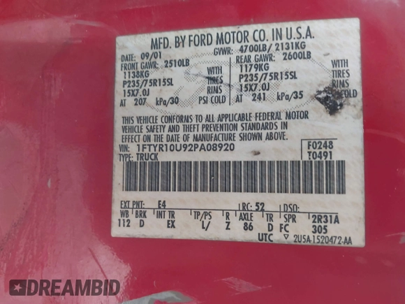 2002 Ford Ranger XL with VIN 1FTYR10U92PA08920, listed as a IAAI auction lot 42171214 with 197,307 mi miles and . Bid and sale history available at DreamBid. Image 9.