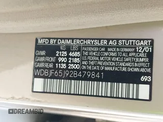 2002 Mercedes-Benz E-Class with VIN WDBJF65J92B479841, listed as a IAAI auction lot 41471955 with 203,527 mi miles. Bid and sale history available at carsss.com. Image 9.