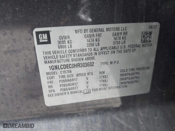 2017 Chevrolet Tahoe Commercial with VIN 1GNLCDEC0HR303602, listed as a IAAI auction lot 41718630 with 196,484 mi miles. Bid and sale history available at carsss.com. Image 9.