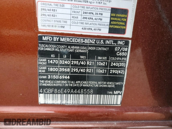 2009 Mercedes-Benz GL-Class 5.5L with VIN 4JGBF86E49A448558, listed as a Copart auction lot 72313714 with 186,608 mi miles and Clean Title. Bid and sale history available at carsss.com. Image 13.