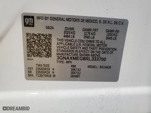 2024 Chevrolet Equinox RS with VIN 3GNAXMEG8RL333700, listed as a Copart auction lot 47079395 with 3,628 mi miles and Salvage Title. Bid and sale history available at carsss.com. Image 14.