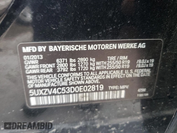 2013 BMW X5 xDrive35i with VIN 5UXZV4C53D0E02819, listed as a Copart auction lot 54519295 with 172,317 mi miles and Clean Title. Bid and sale history available at carsss.com. Image 13.