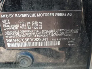 2013 BMW 5 Series 535i with VIN WBAFR7C58DC828041, listed as a IAAI auction lot 41825355 with 81,284 mi miles and . Bid and sale history available at DreamBid. Image 9.
