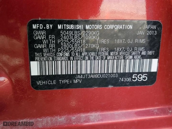 2013 Mitsubishi Outlander SE with VIN JA4JT3AW9DU021003, listed as a Copart auction lot 44249215 with 0 mi miles and Clean Title. Bid and sale history available at carsss.com. Image 13.