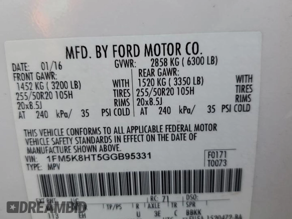 2016 Ford Explorer Platinum with VIN 1FM5K8HT5GGB95331, listed as a Copart auction lot 57315175 with 80,735 mi miles and Salvage title. Bid and sale history available at DreamBid. Image 13.