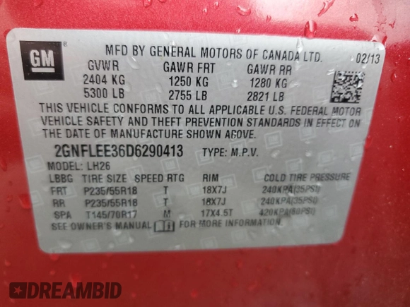 2013 Chevrolet Equinox LT with VIN 2GNFLEE36D6290413, listed as a Copart auction lot 78704114 with 138,116 mi miles and Salvage Title. Bid and sale history available at carsss.com. Image 14.