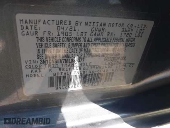 2021 Nissan Versa SV with VIN 3N1CN8EV7ML886377, listed as a IAAI auction lot 42099853 with 37,412 mi miles. Bid and sale history available at carsss.com. Image 9.