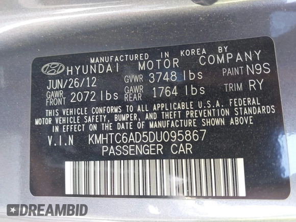 2013 Hyundai Veloster w/Black Int with VIN KMHTC6AD5DU095867, listed as a IAAI auction lot 42698380 with 115,528 mi miles and . Bid and sale history available at DreamBid. Image 9.