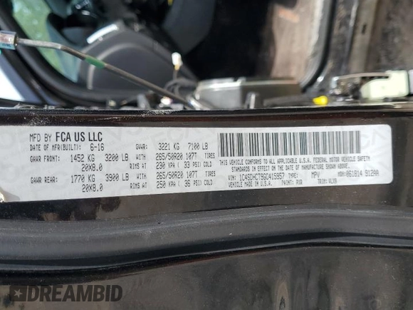 2016 Dodge Durango R/T with VIN 1C4SDHCT9GC415957, listed as a Copart auction lot 53565115 with 144,412 mi miles and Salvage title. Bid and sale history available at DreamBid. Image 14.