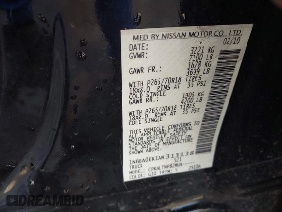 2010 Nissan Titan SE with VIN 1N6BA0EK1AN313138, listed as a IAAI auction lot 41491477 with 161,299 mi miles. Bid and sale history available at carsss.com. Image 9.