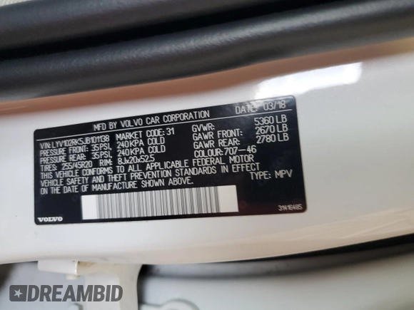 2018 Volvo XC60 Momentum with VIN LYV102RK5JB101138, listed as a Copart auction lot 54764115 with 58,396 mi miles and Salvage title. Bid and sale history available at DreamBid. Image 13.