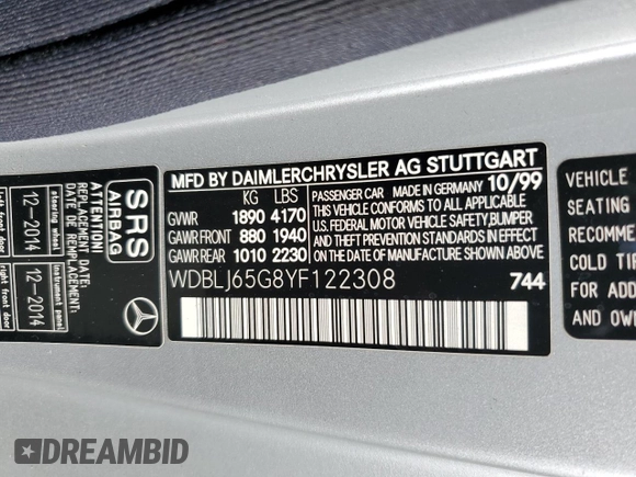2000 Mercedes-Benz CLK 320/430 with VIN WDBLJ65G8YF122308, listed as a Copart auction lot 77449314 with 105,121 mi miles and Salvage Title. Bid and sale history available at DreamBid. Image 12.