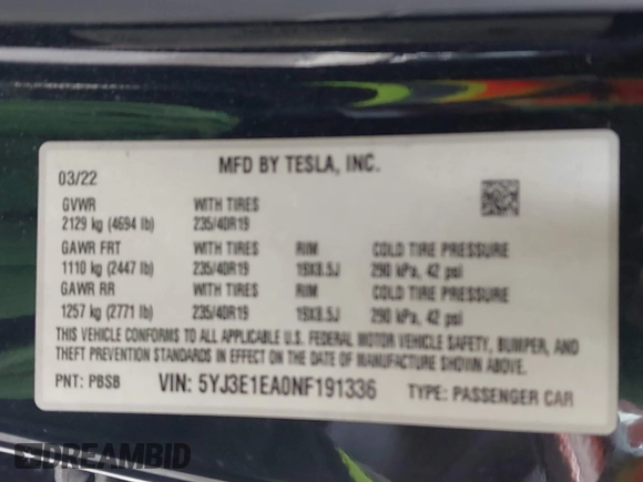 2022 Tesla Model 3 with VIN 5YJ3E1EA0NF191336, listed as a IAAI auction lot 41600441 with 126,671 mi miles and . Bid and sale history available at DreamBid. Image 9.