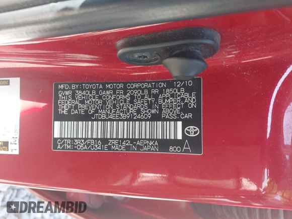 2011 Toyota Corolla L with VIN JTDBU4EE3B9124609, listed as a IAAI auction lot 42046571 with 59,617 mi miles. Bid and sale history available at carsss.com. Image 9.