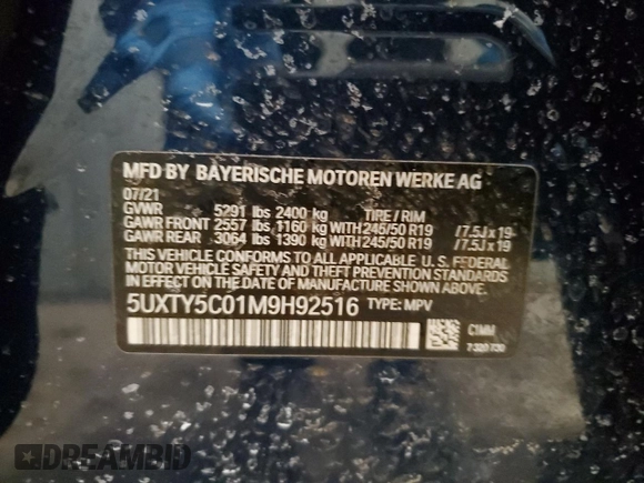 2021 BMW X3 xDrive30i with VIN 5UXTY5C01M9H92516, listed as a Copart auction lot 45997665 with Not Provided miles and Salvage Title. Bid and sale history available at DreamBid. Image 15.