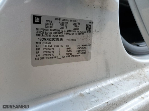 2015 Chevrolet Silverado 1500 LT with VIN 1GCVKREC8FZ158484, listed as a Copart auction lot 50490255 with 66,515 mi miles and Salvage Title. Bid and sale history available at carsss.com. Image 14.