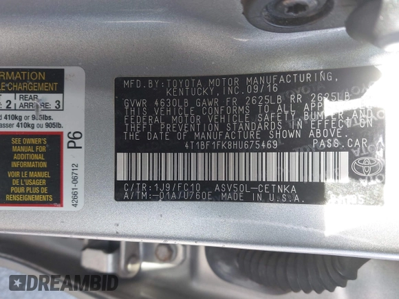 2017 Toyota Camry XLE with VIN 4T1BF1FK8HU675469, listed as a IAAI auction lot 41578198 with 172,230 mi miles and . Bid and sale history available at carsss.com. Image 9.