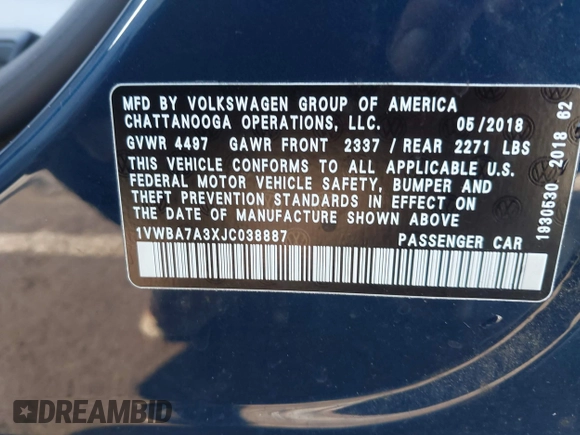 2018 Volkswagen Passat SE z VIN 1VWBA7A3XJC038887, wystawiony jako IAAI lot #42084936 z przebiegiem 62 857 mil mil oraz . Historia ofert i sprzedaży dostępna na DreamBid. Obrazek 9.