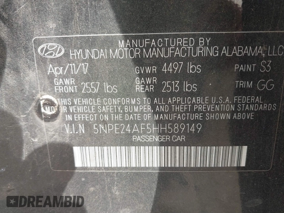 2017 Hyundai Sonata SE with VIN 5NPE24AF5HH589149, listed as a IAAI auction lot 41810444 with 168,924 mi miles. Bid and sale history available at carsss.com. Image 9.