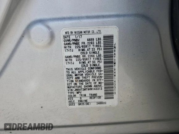 2017 Nissan Rogue SV with VIN JN8AT2MT9HW143313, listed as a Copart auction lot 52010935 with 92,200 mi miles and Salvage Title. Bid and sale history available at carsss.com. Image 15.