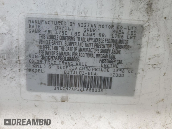2016 Nissan Versa SV with VIN 3N1CN7AP5GL888005, listed as a Copart auction lot 48986065 with 145,182 mi miles and Salvage Title. Bid and sale history available at DreamBid. Image 13.