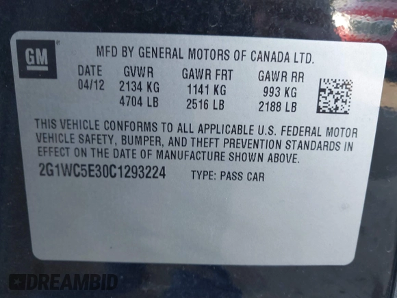 2012 Chevrolet Impala LTZ with VIN 2G1WC5E30C1293224, listed as a IAAI auction lot 41946526 with 174,784 mi miles and . Bid and sale history available at DreamBid. Image 9.