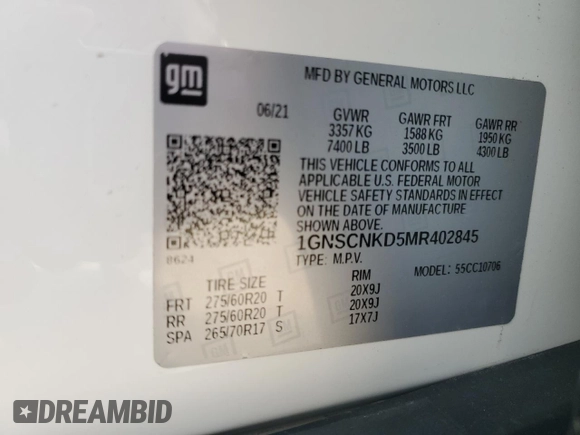 2021 Chevrolet Tahoe LT with VIN 1GNSCNKD5MR402845, listed as a Copart auction lot 51485385 with 68,369 mi miles and Salvage title. Bid and sale history available at DreamBid. Image 13.