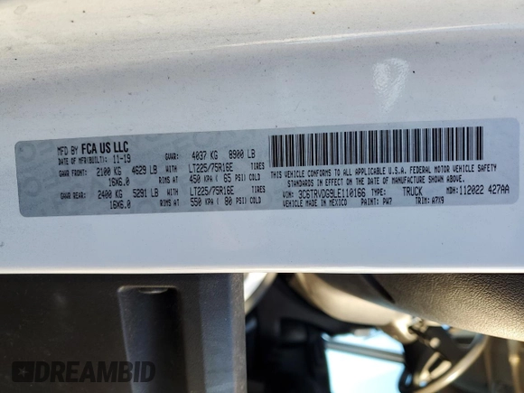 2020 Ram ProMaster Cargo with VIN 3C6TRVDG9LE110166, listed as a Copart auction lot 84002284 with 418,919 mi miles and Clean Title. Bid and sale history available at carsss.com. Image 13.